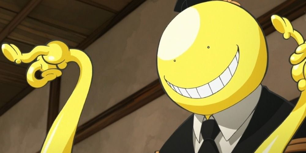 Korosensei holds his tentacles high with a smile in Assassination Classroom