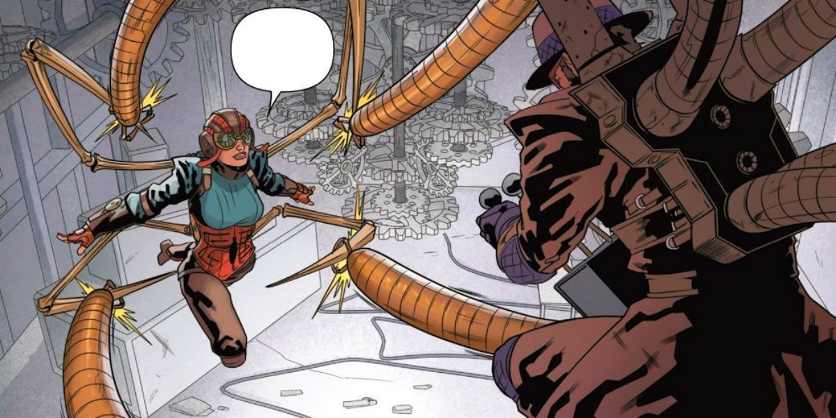 Lady Spider fights Doctor Octopus in Marvel Comics.