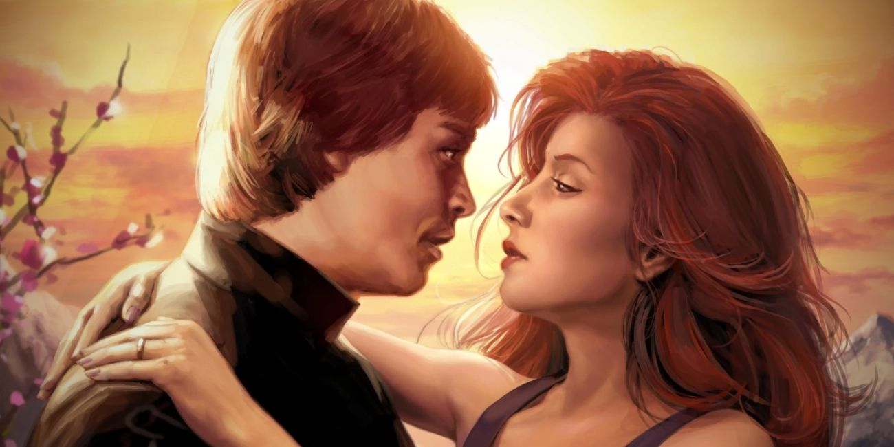 Luke Skywalker and Mara Jade about to kiss