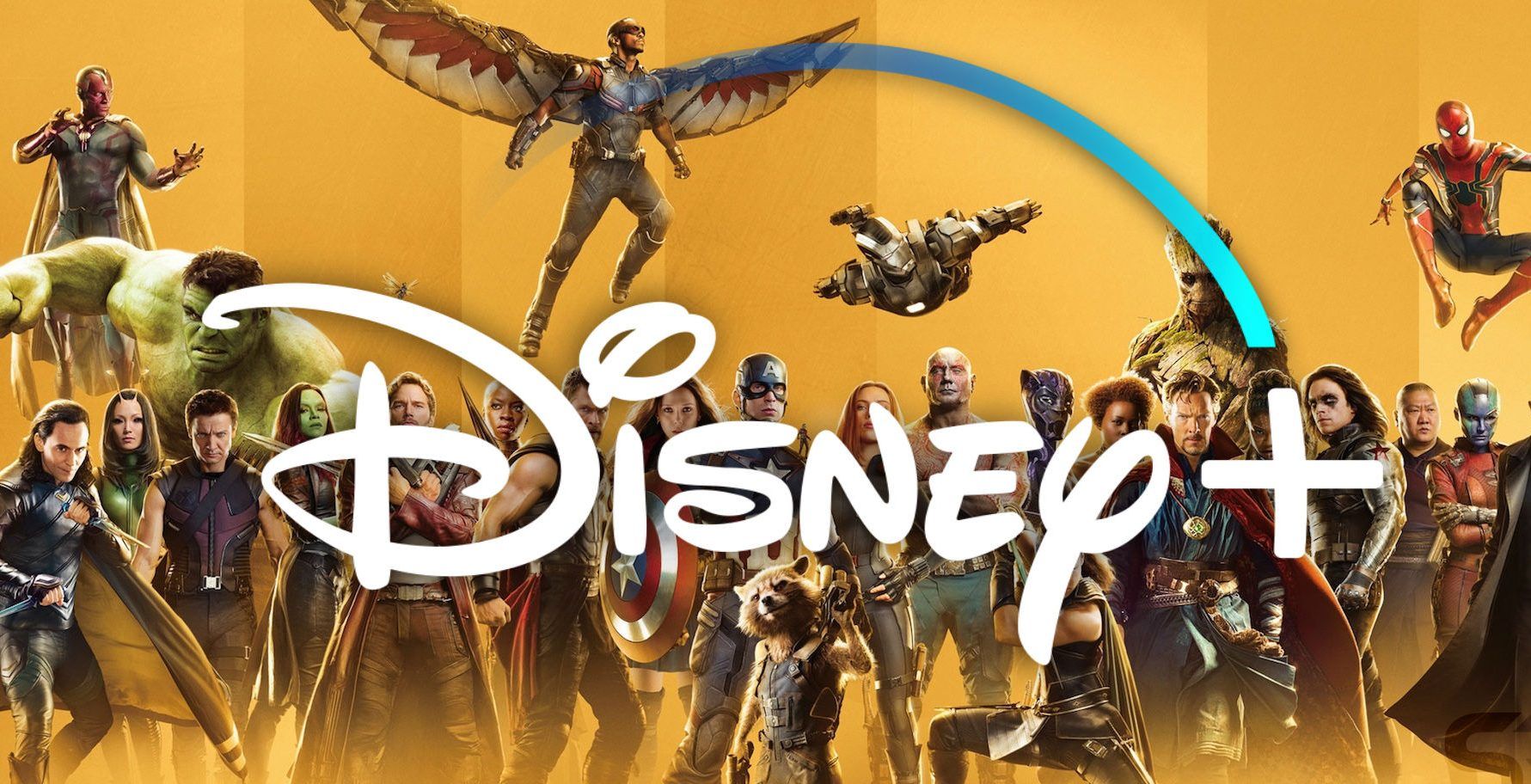 O logotipo Disney+ e vários personagens da Marvel.