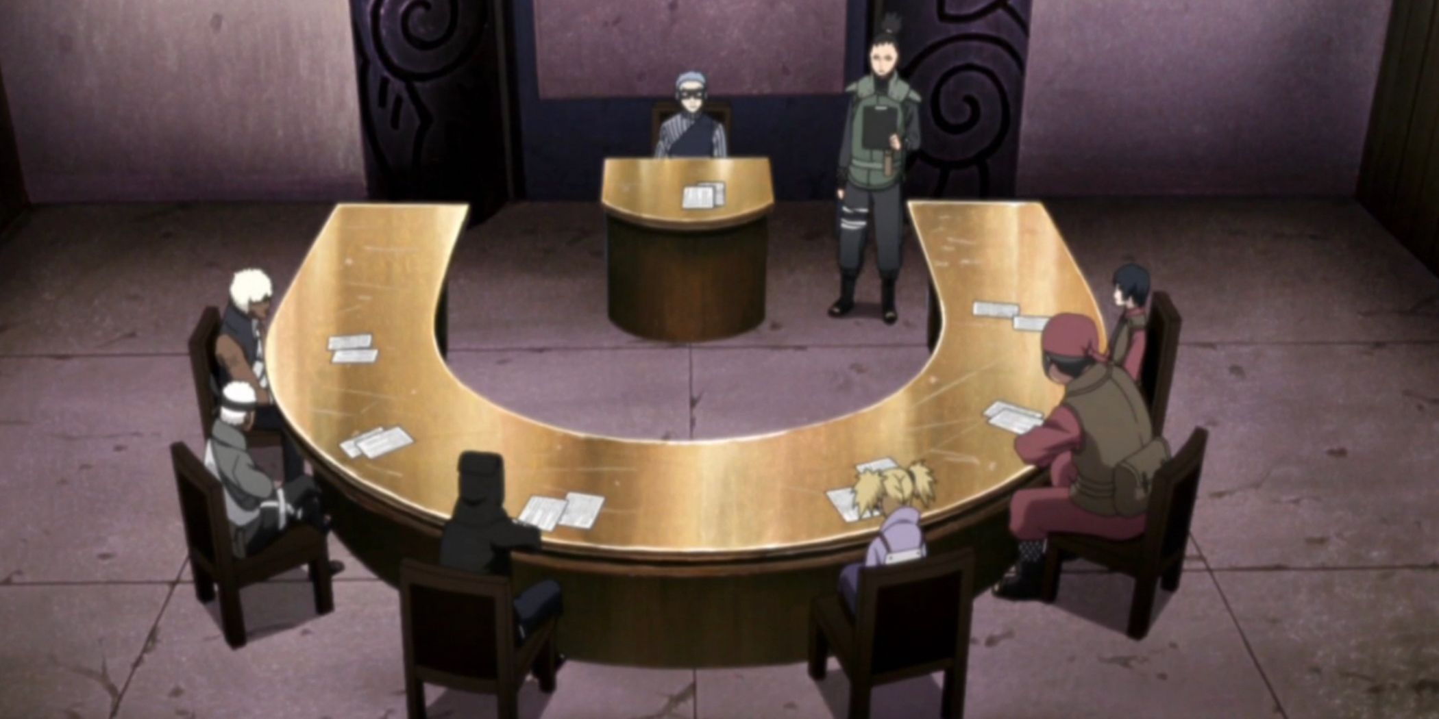 Members of the Shinobi Union sit around the table in Naruto Shippuden