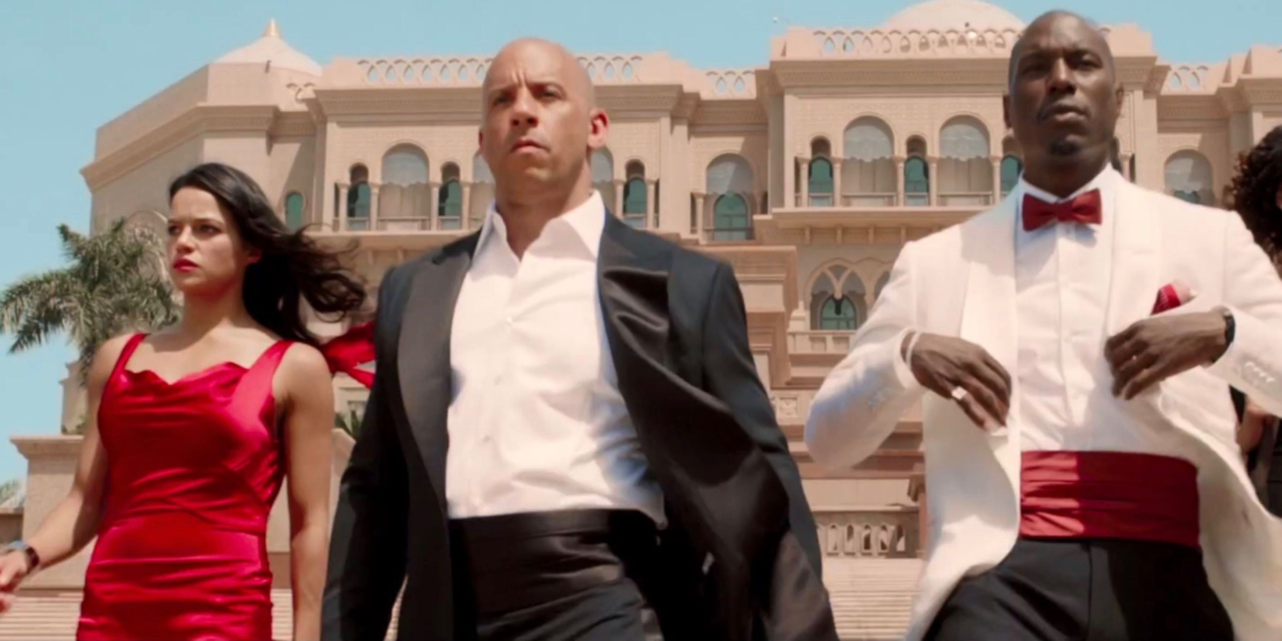 Michelle Rodriguez, Vin Diesel, and Tyrese Gibson in Furious 7