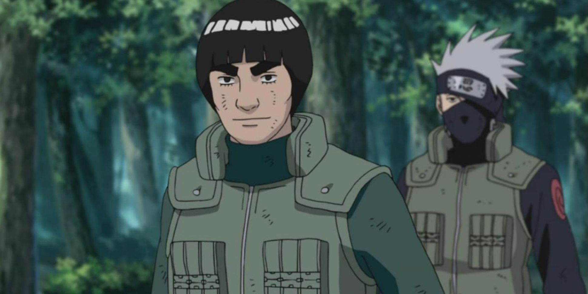 Might Guy stands in front of Kakashi in the woods in Naruto Shippuden