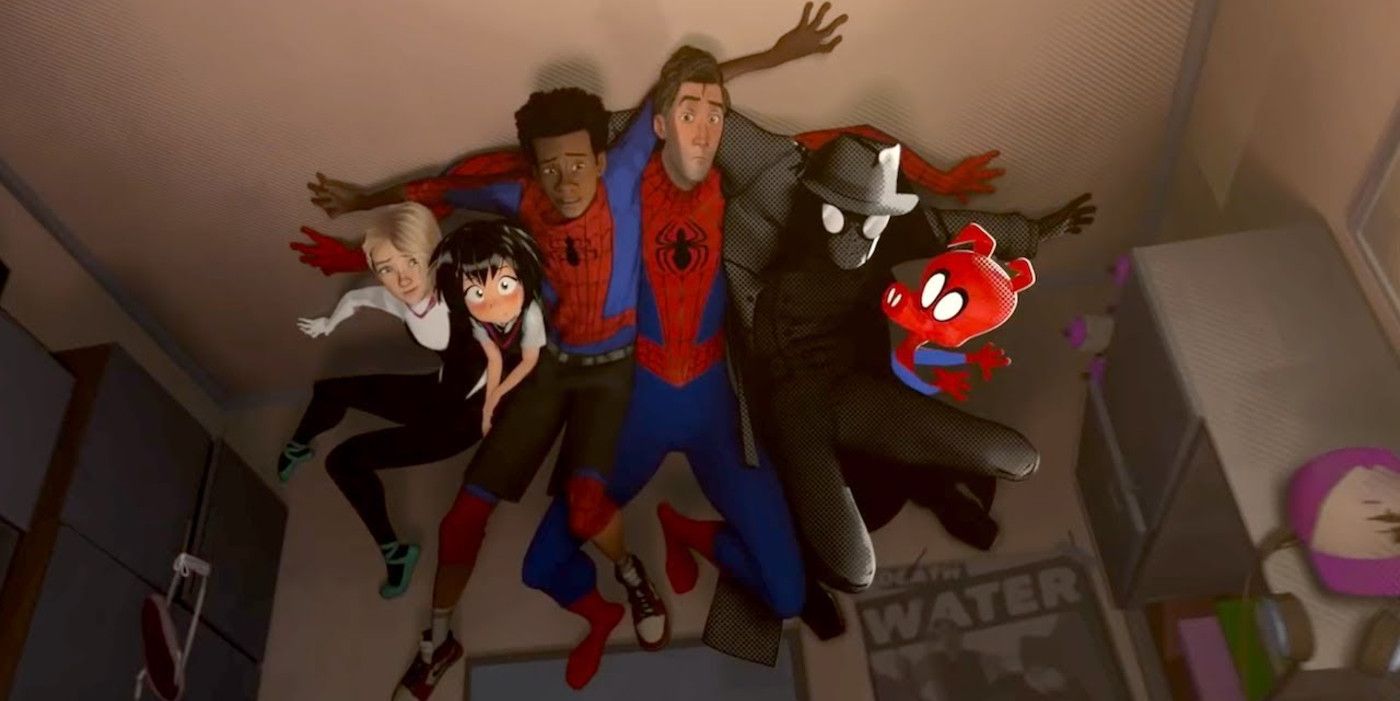 The main characters from Into the Spider-verse on the ceiling