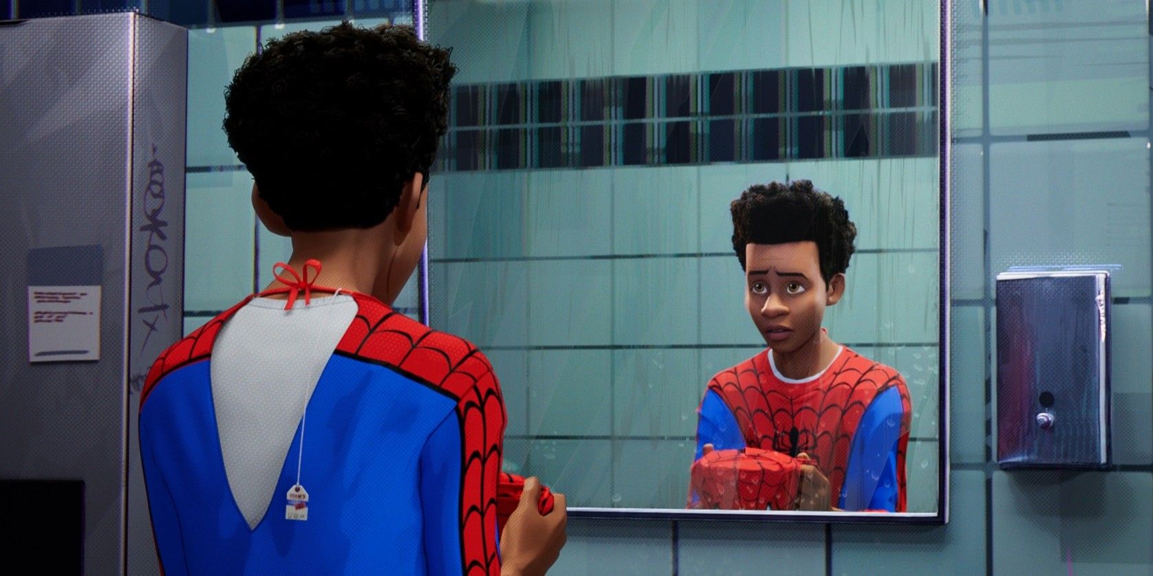 Miles trying on costume in Spider-Verse