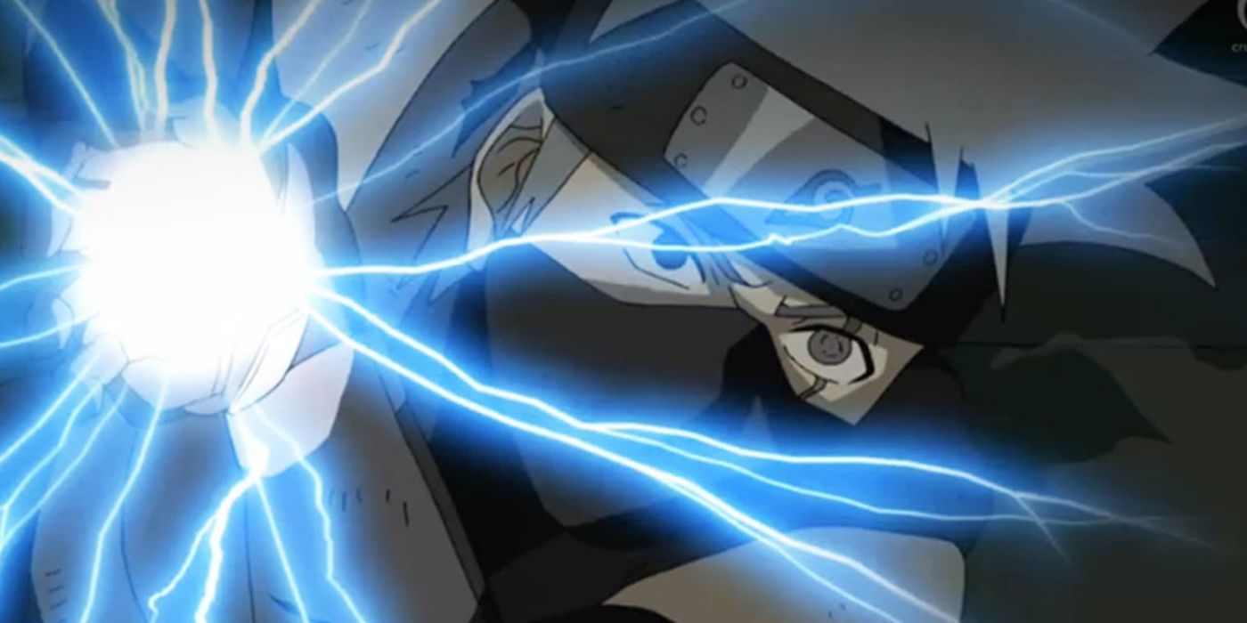Kakashi holding a ball of lightning to perform the Chidori in Naruto