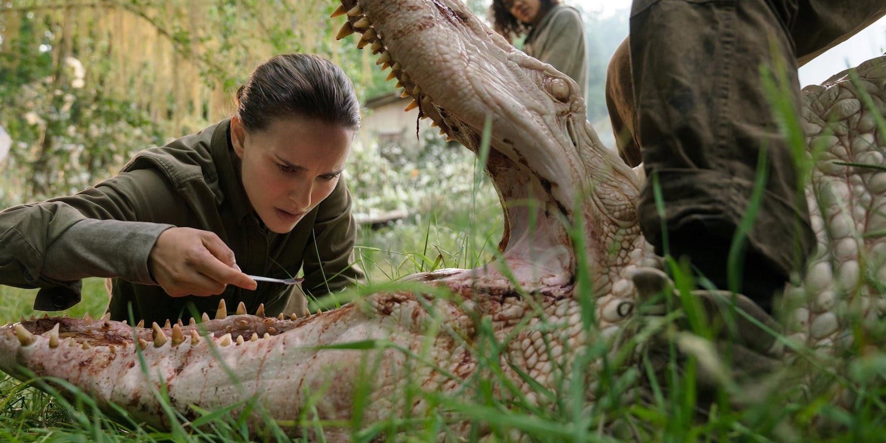 Natalie Portman examining a skull in Annihilation