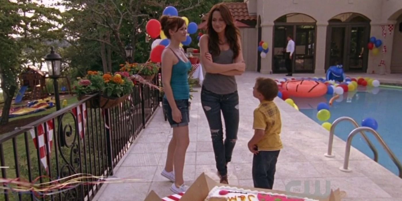 Haley, Rachel, and Jaime stand by the pool at his birthday party in One Tree Hill