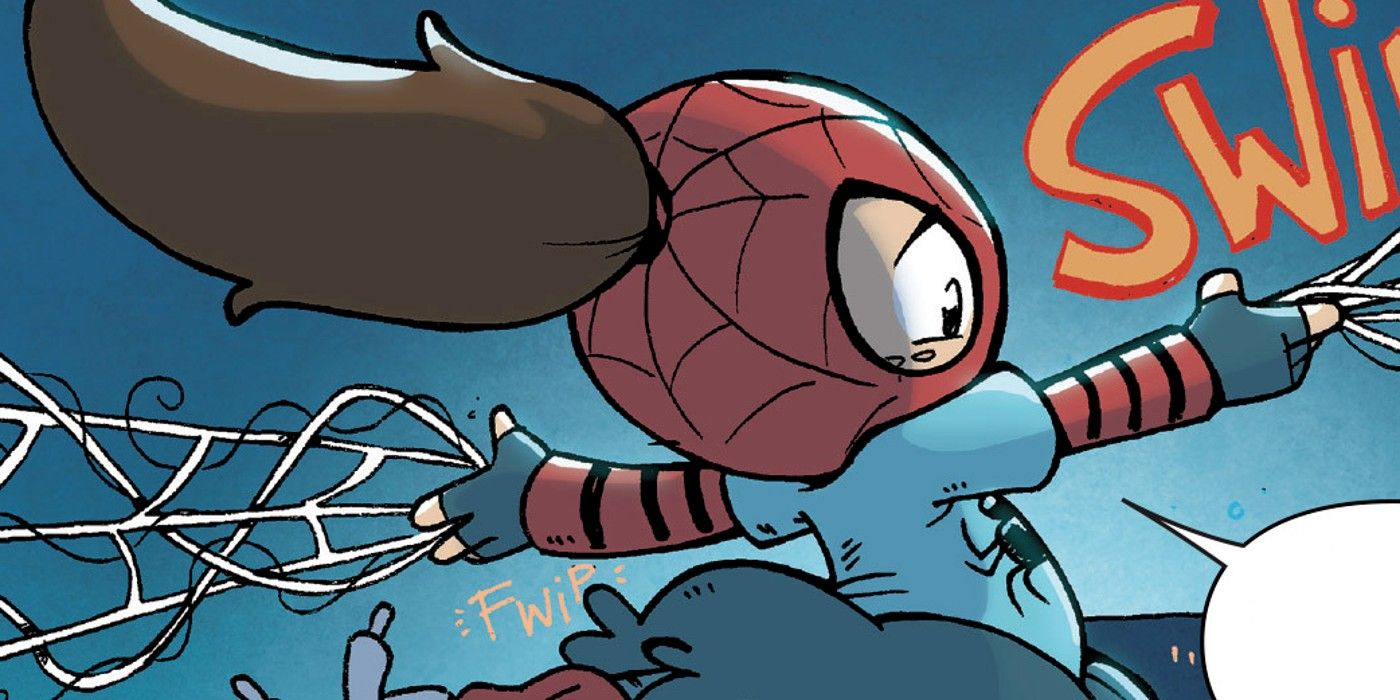 Penelope Parker swings across a comic book page