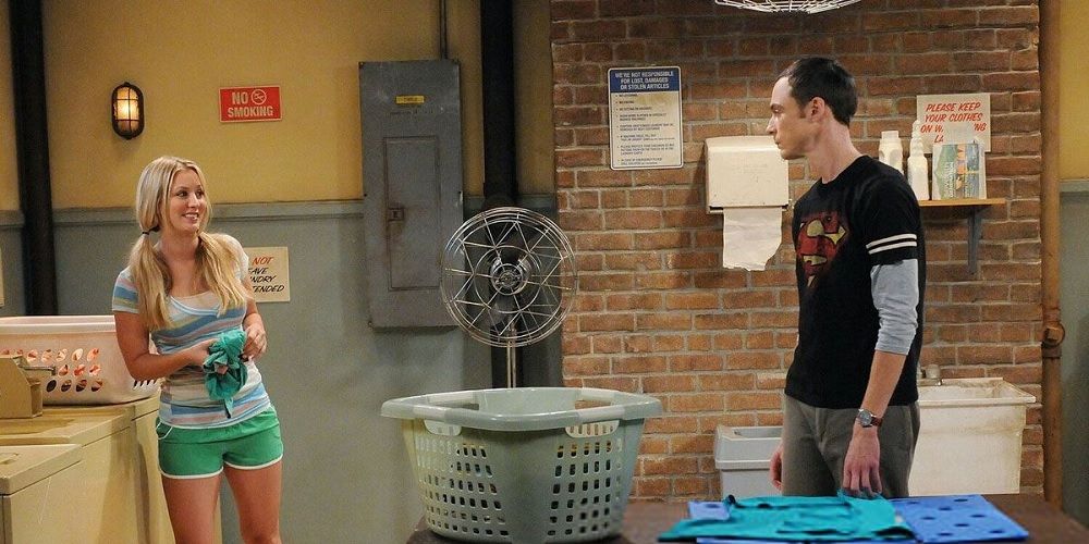 Penny and Sheldon Cooper in the laundry room in The Big Bang Theory