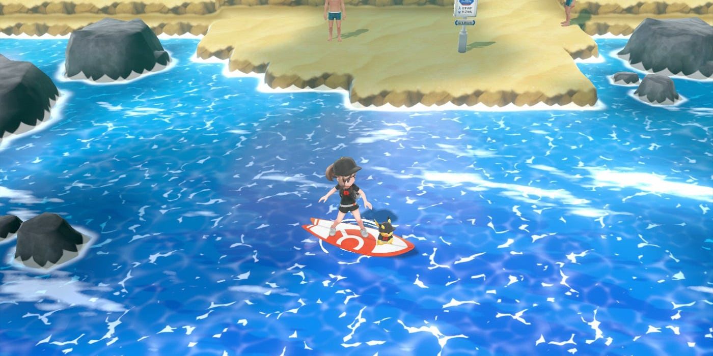 The player surfs in Lets Go Pikachu