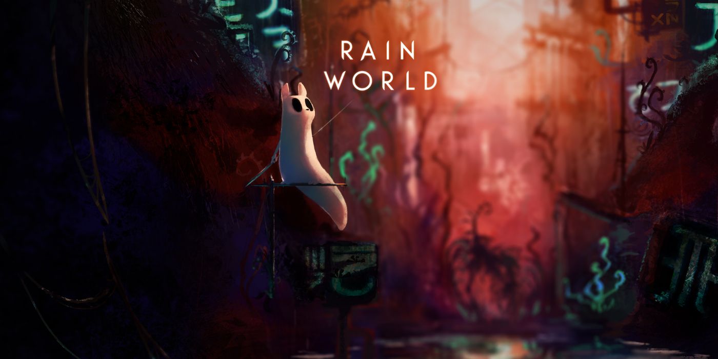 The title screen featuring slugcat in the video game Rain World