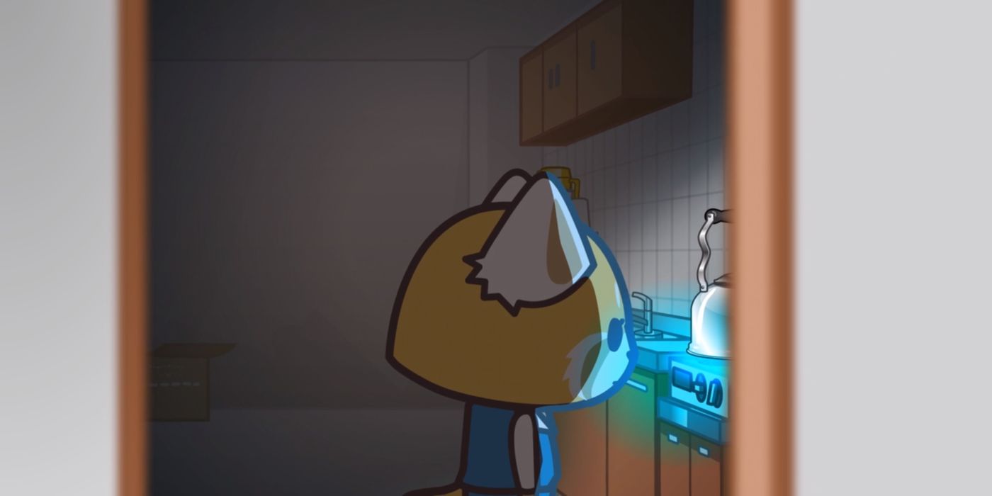 Retsuko standing in the light of her kitchen in front of the stove