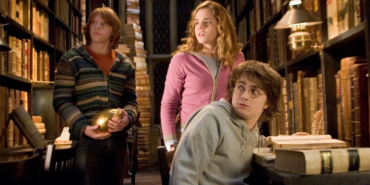 Ron Hermione and Harry in Library