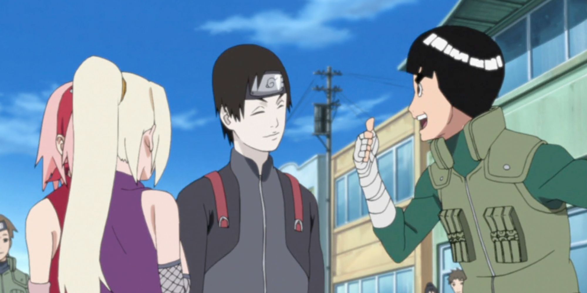 Sakura, Ino, and Sai talk with Lee in Naruto Shippuden