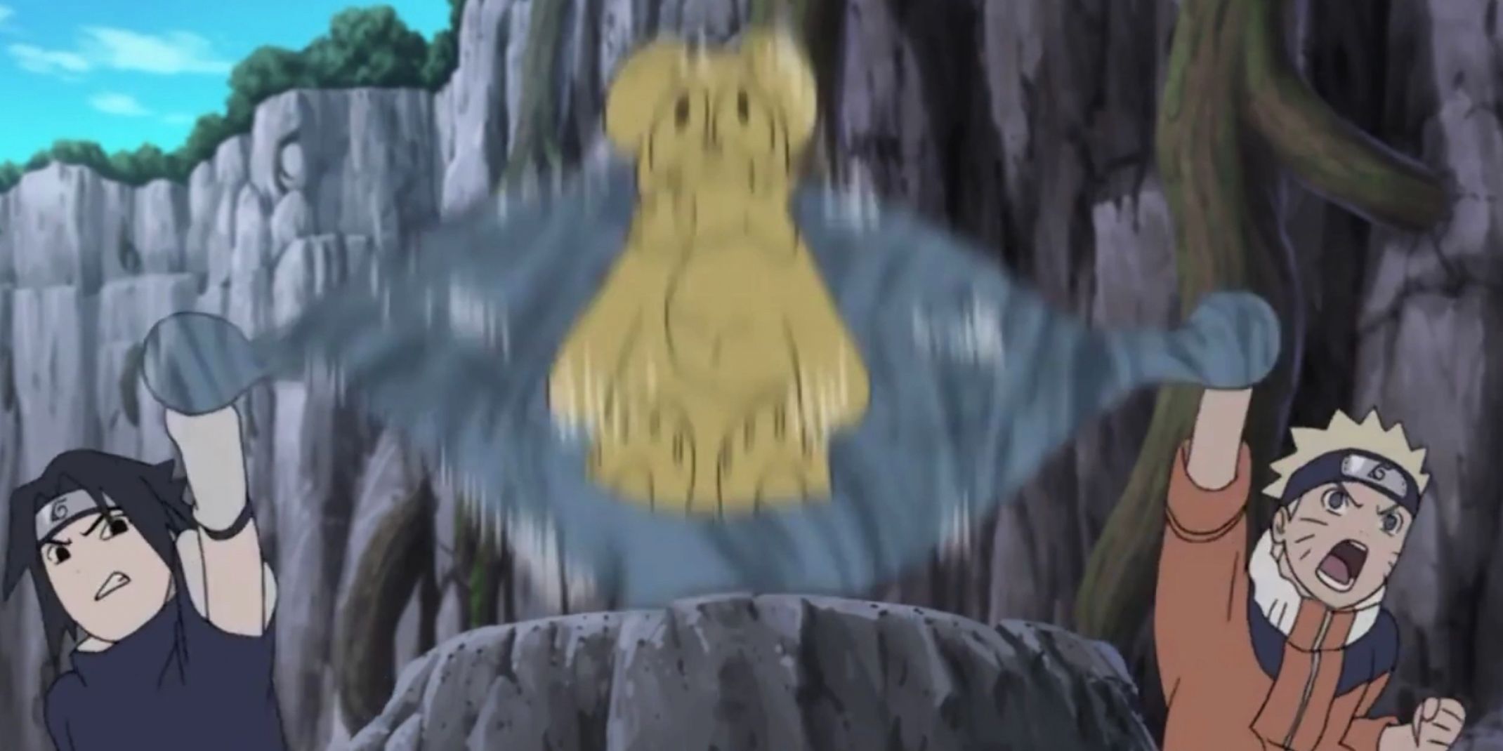 Sasuke and Naruto use chakra to launch an object between them in the Naruto anime