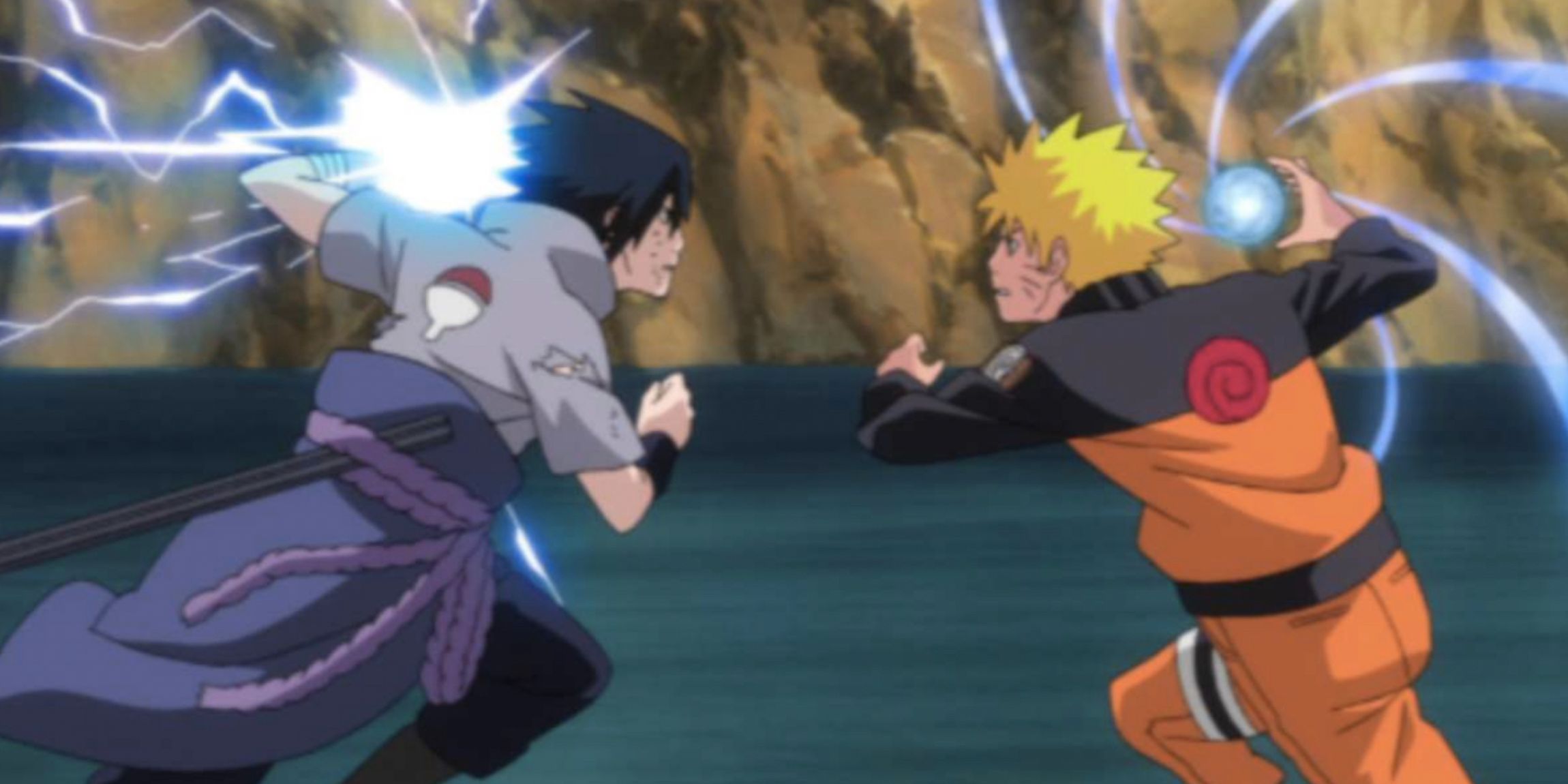 Sasuke charges toward Naruto with his chidori while Naruto uses his rasengan in Naruto Shippuden