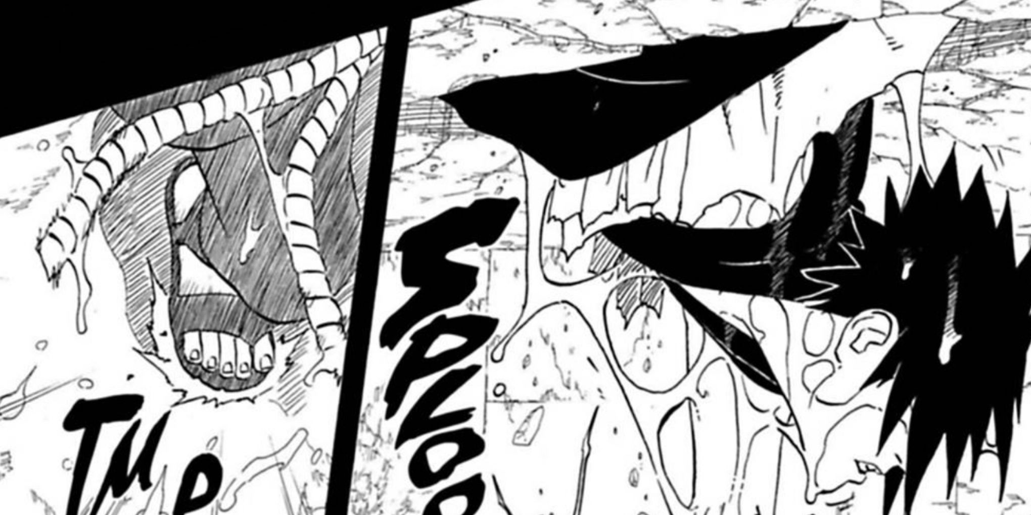 Sasuke emerges using body replacement technique in the Naruto manga