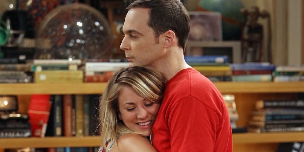 Sheldon Cooper and Penny hugging in The Big Bang Theory