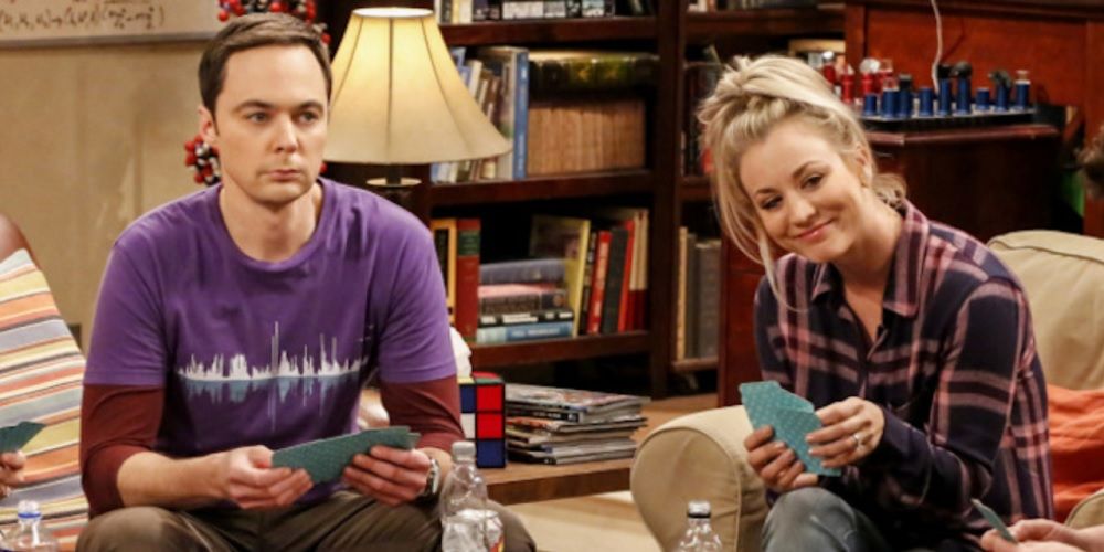 Sheldon Cooper and Penny laugh in The Big Bang Theory