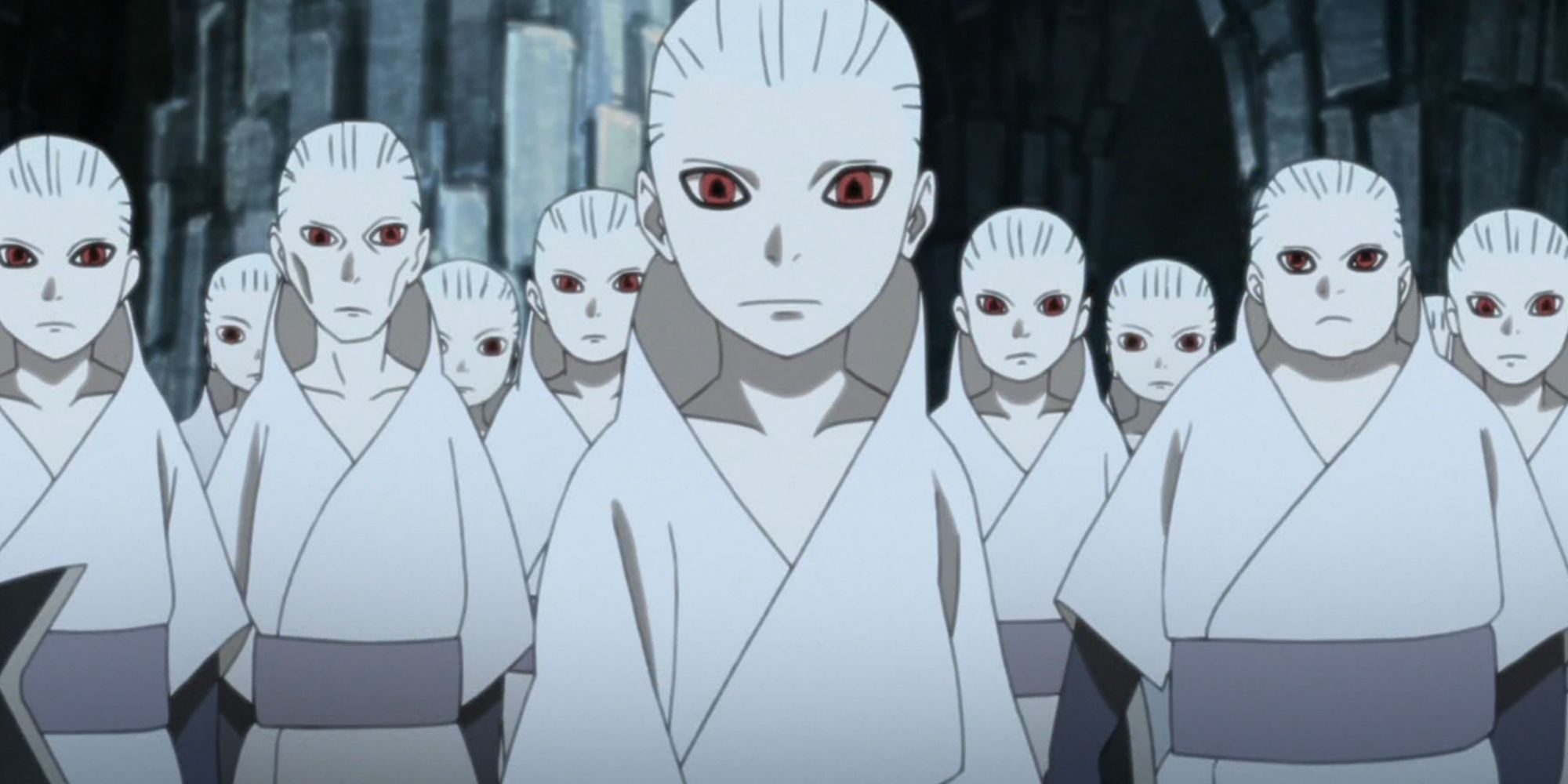 Shin Uchiha stands in front of a group of his clones in Boruto