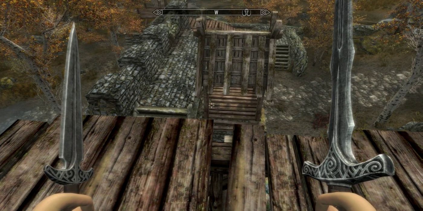 A player wielding iron weapons in The Elder Scrolls V: Skyrim.