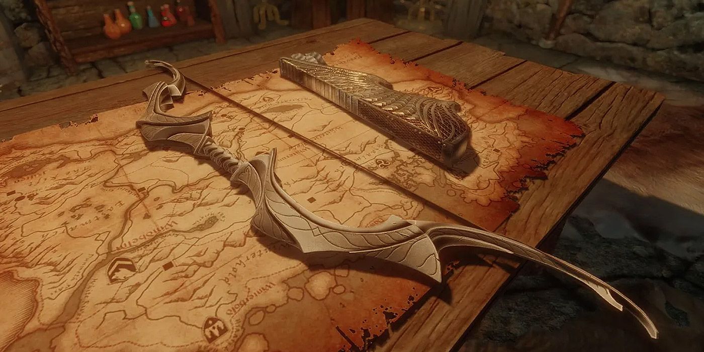 Auriel's bow laying on a map in Skyrim