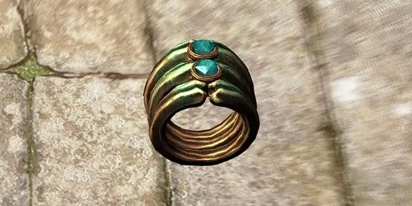 A closeup of the Ring of the Erudite, in Skyrim