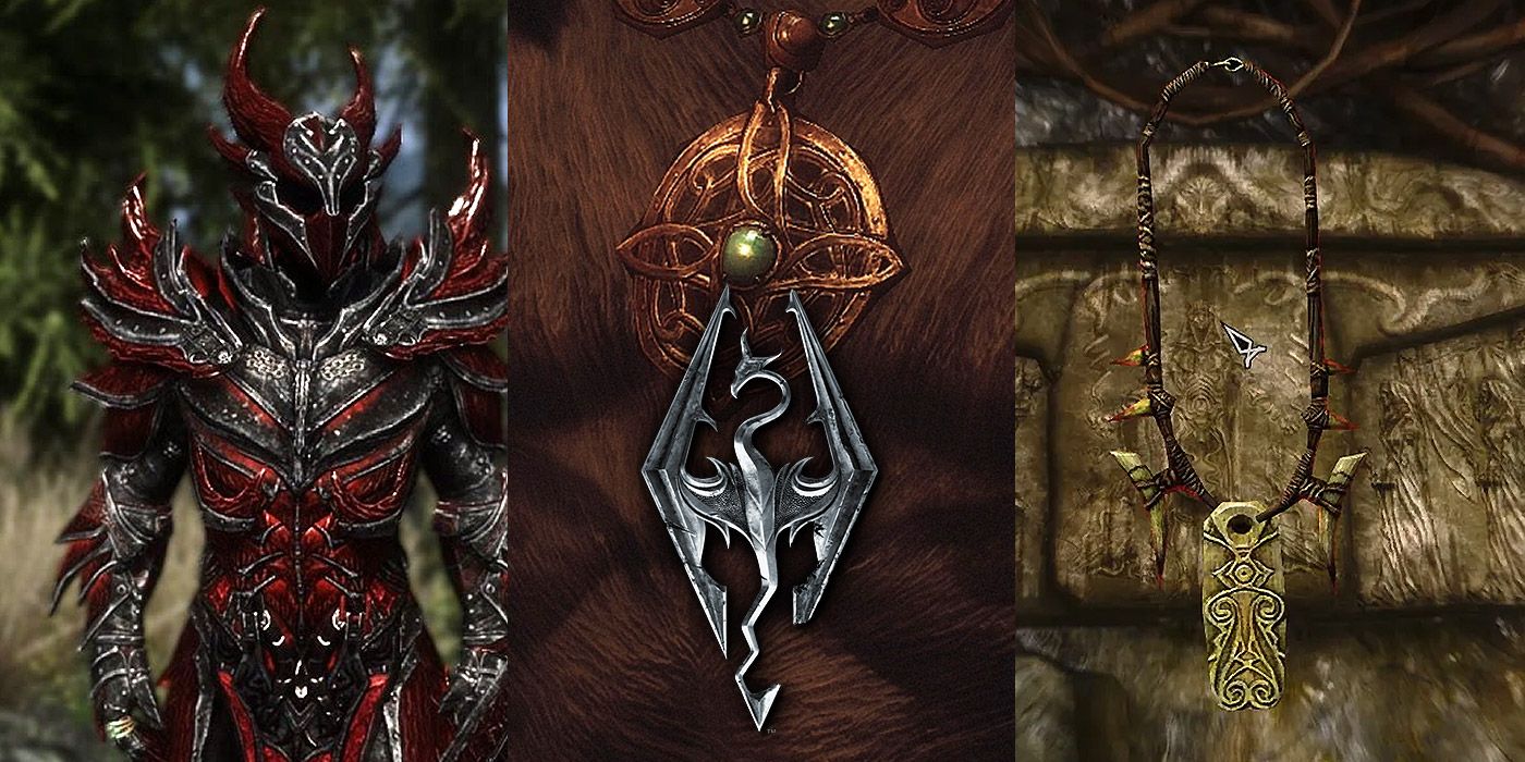 Split image of a Daedric warrior, and two amulets in Skyrim