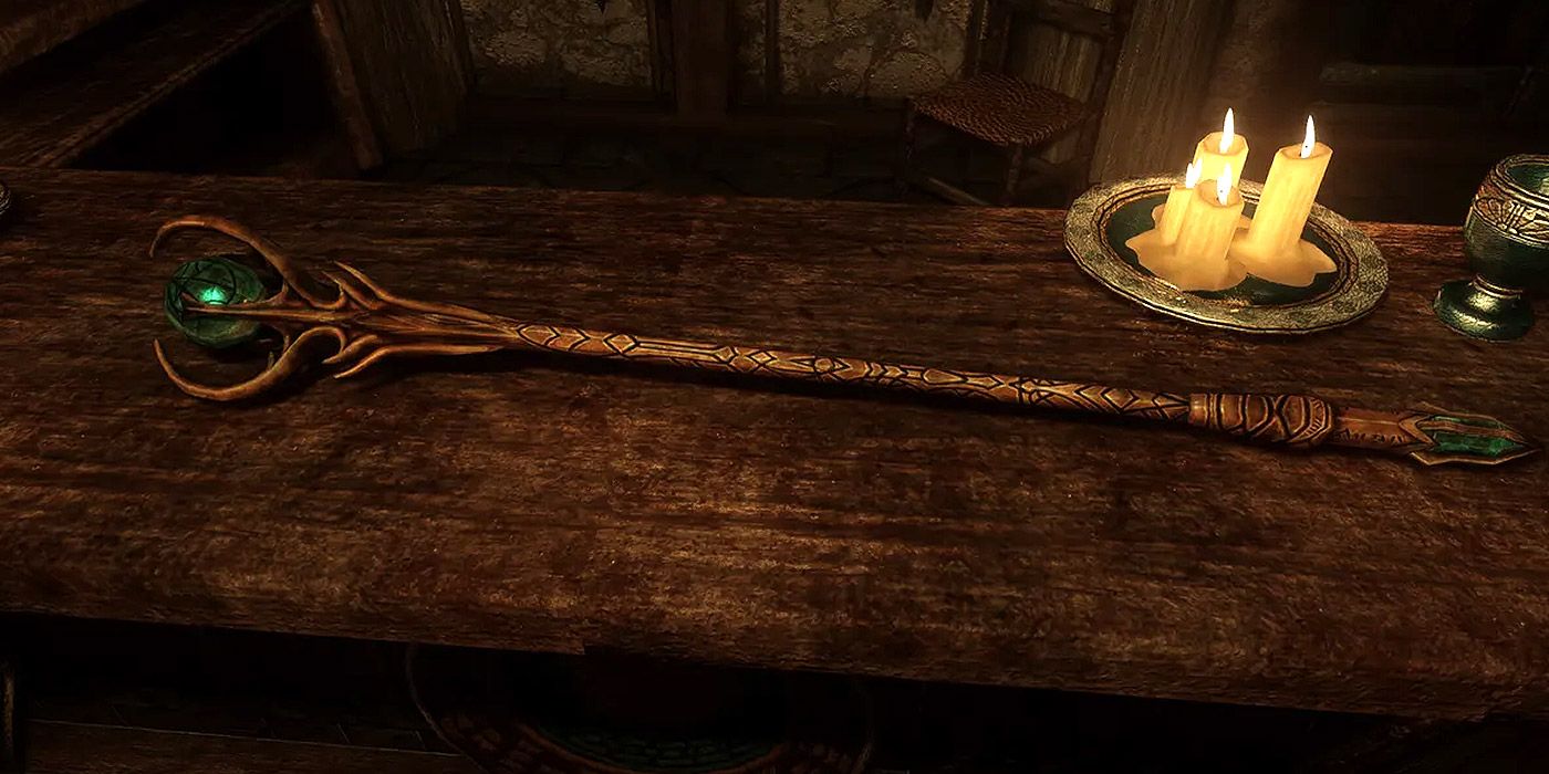 Staff of Magnus on table in Skyrim