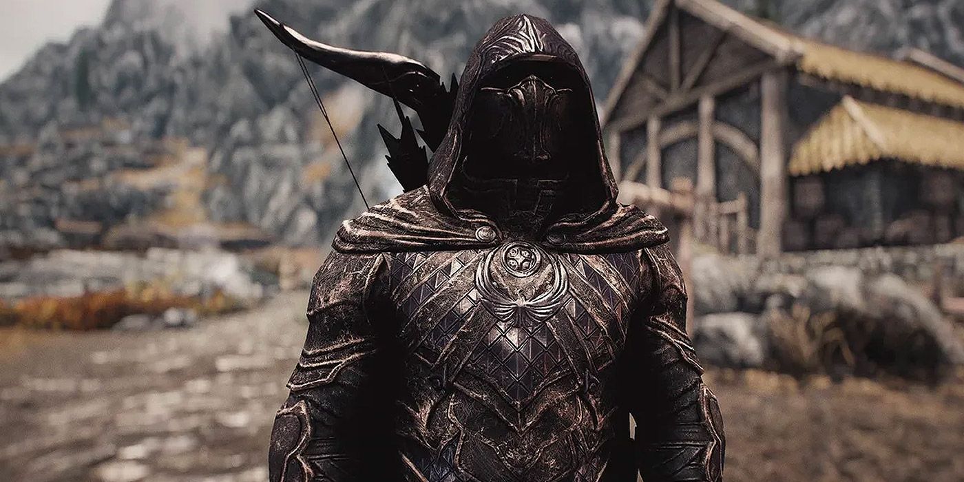 The player character wearing Skyrim's Nightingale Armor set.