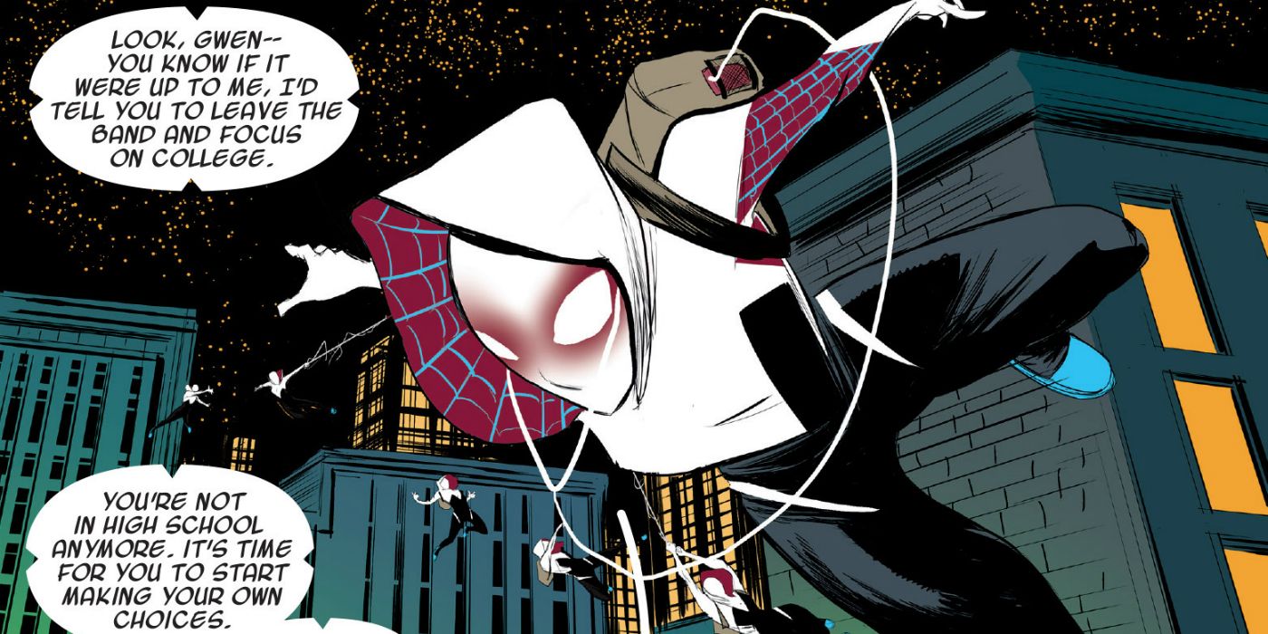 Spider-Gwen swinging across buildings and talking to someone in Marvel comics
