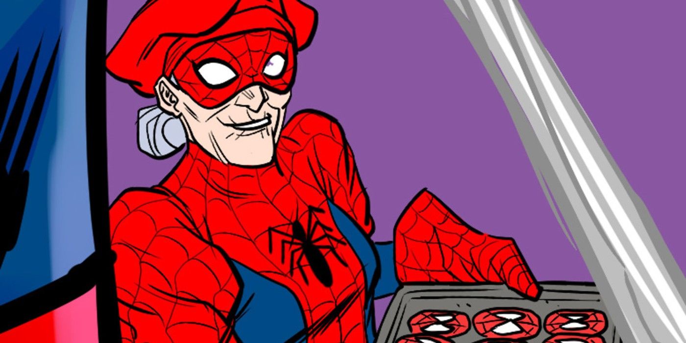 Aunt May bakes cookies as Spider-Ma'am in the comics