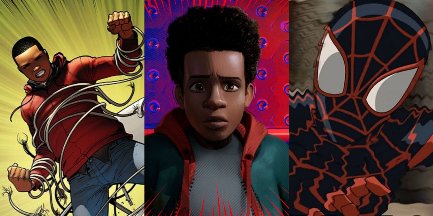 Split image of Miles Morales in the comics, Into The Spider-Verse and animated series feature