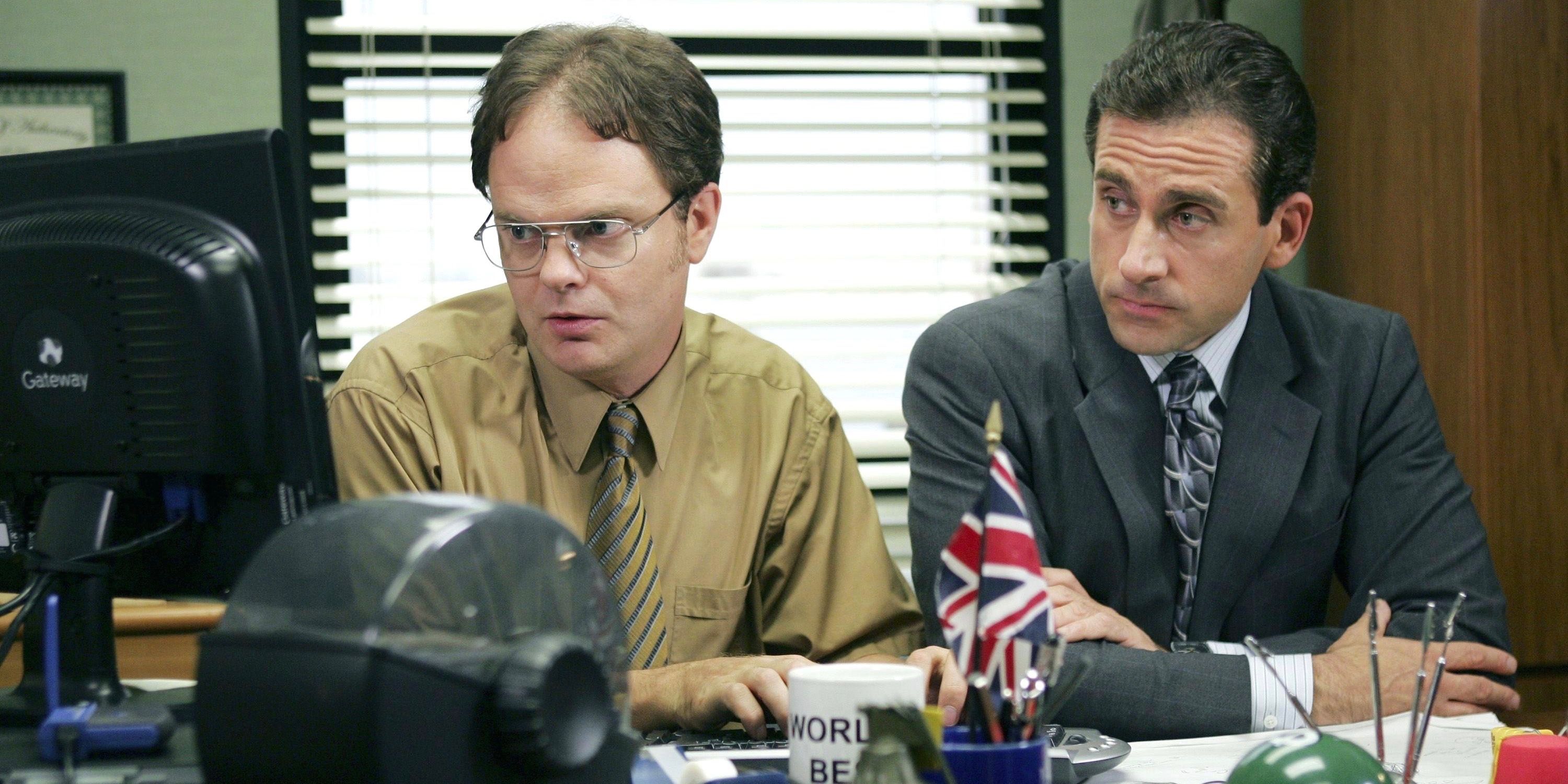 Steve Carell and Rainn Wilson as Michael Scott and Dwight in The Office