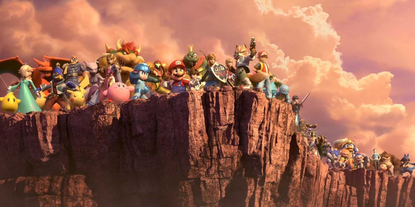 The entire roster of Super Smash Bros. Ultimate gathered on a cliff