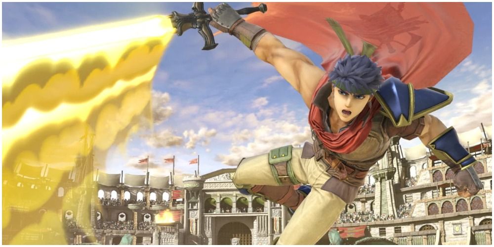 Ike flying through the air with his flaming sword 