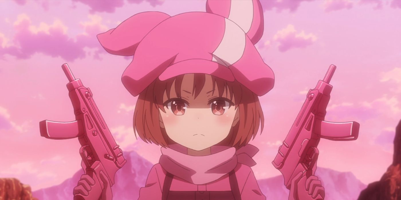 A girl holds two pink guns in Sword Art Online Alternative Gun Gale Online
