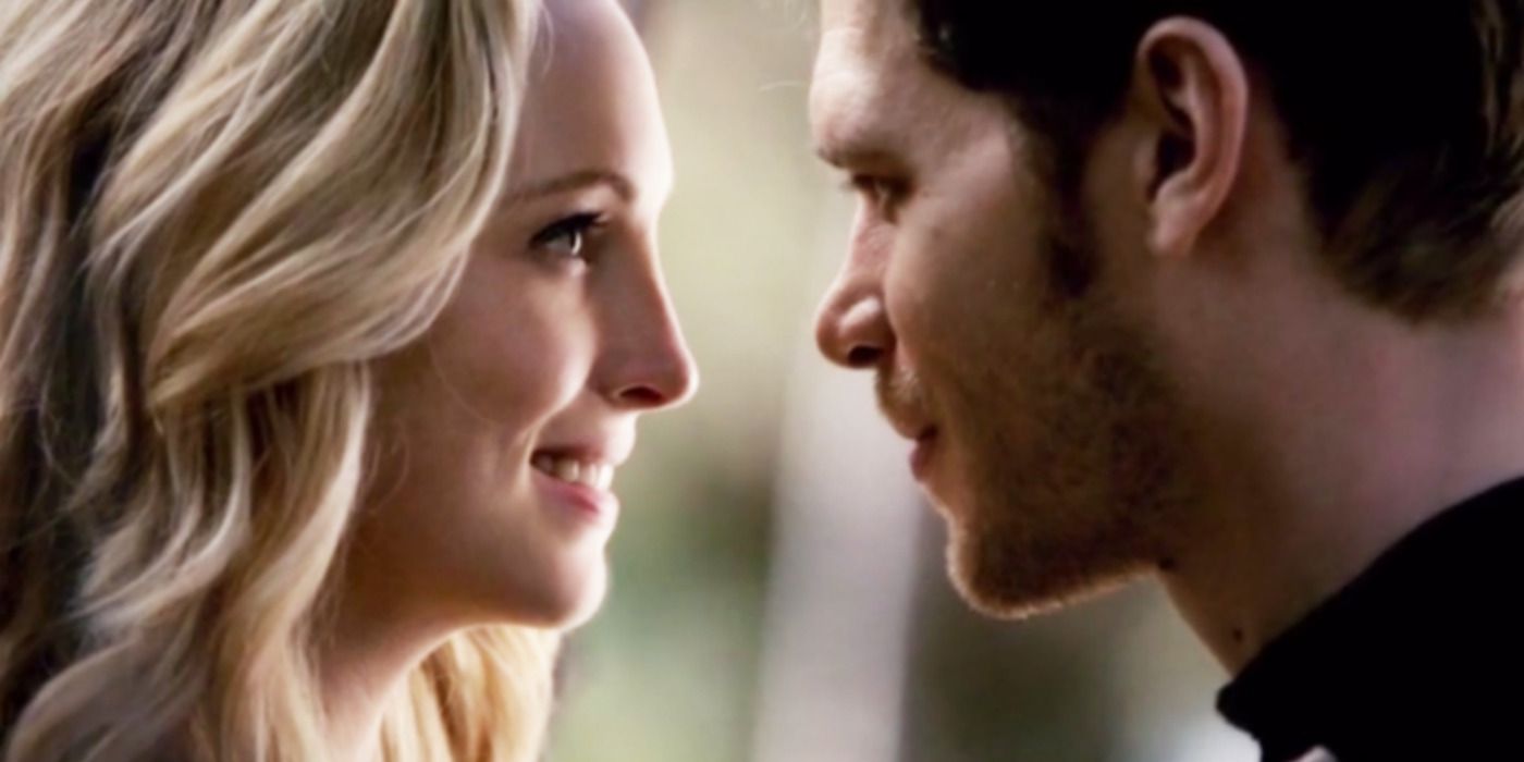 Klaus & Caroline face to face and smiling in The Vampire Diaries