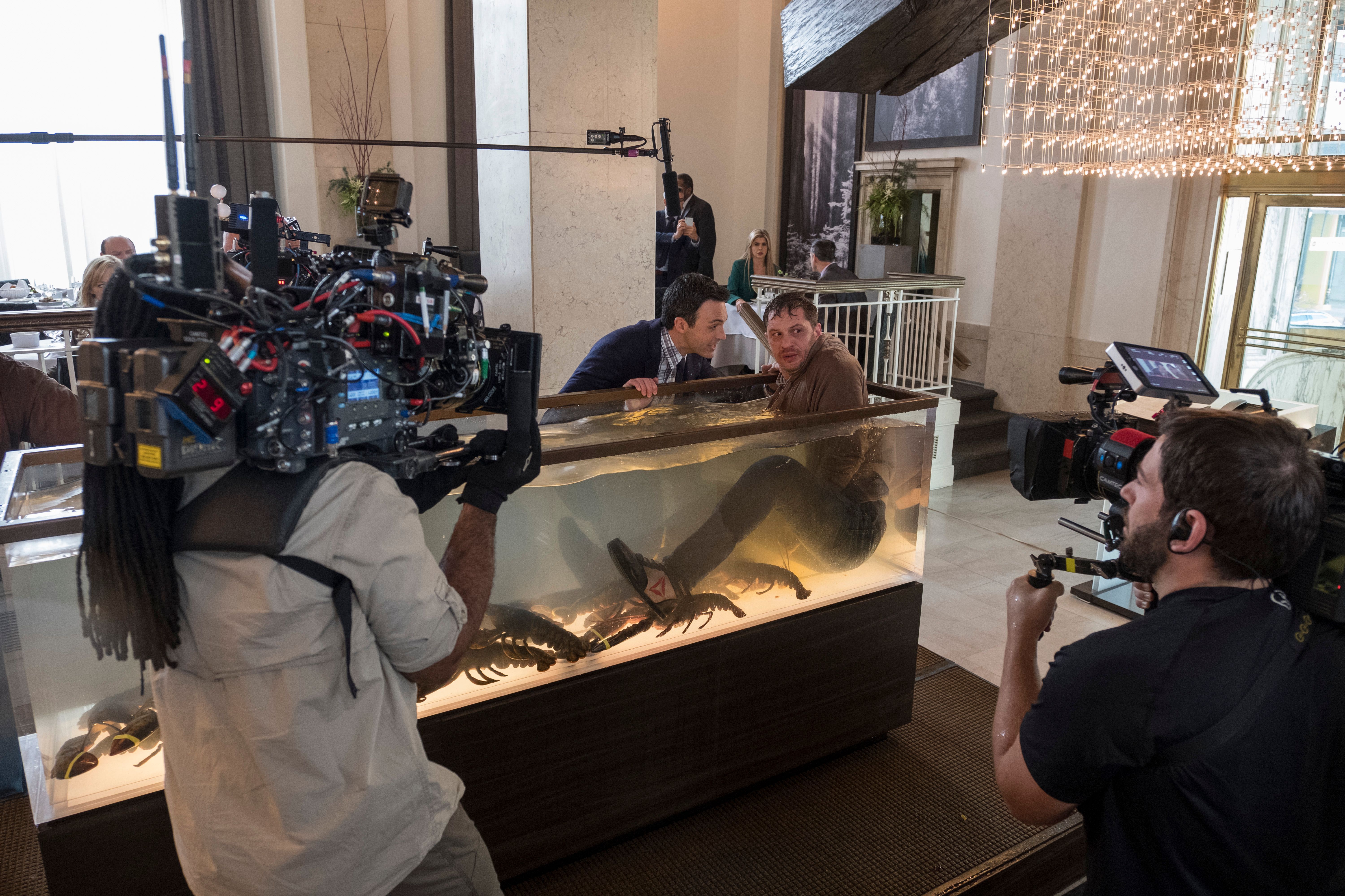 Tom Hardy gets into a lobster tank in Venom