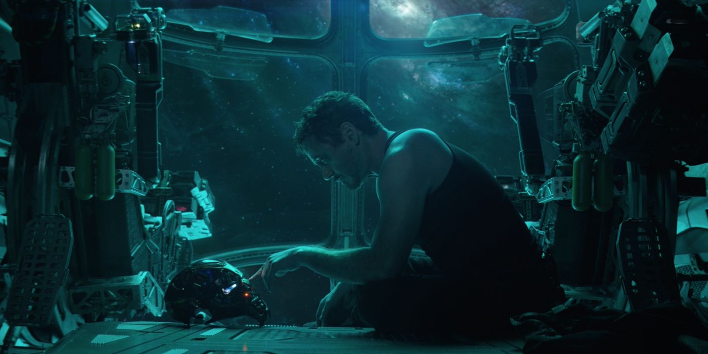 Tony Stark touching helmet in ship in Avengers Endgame