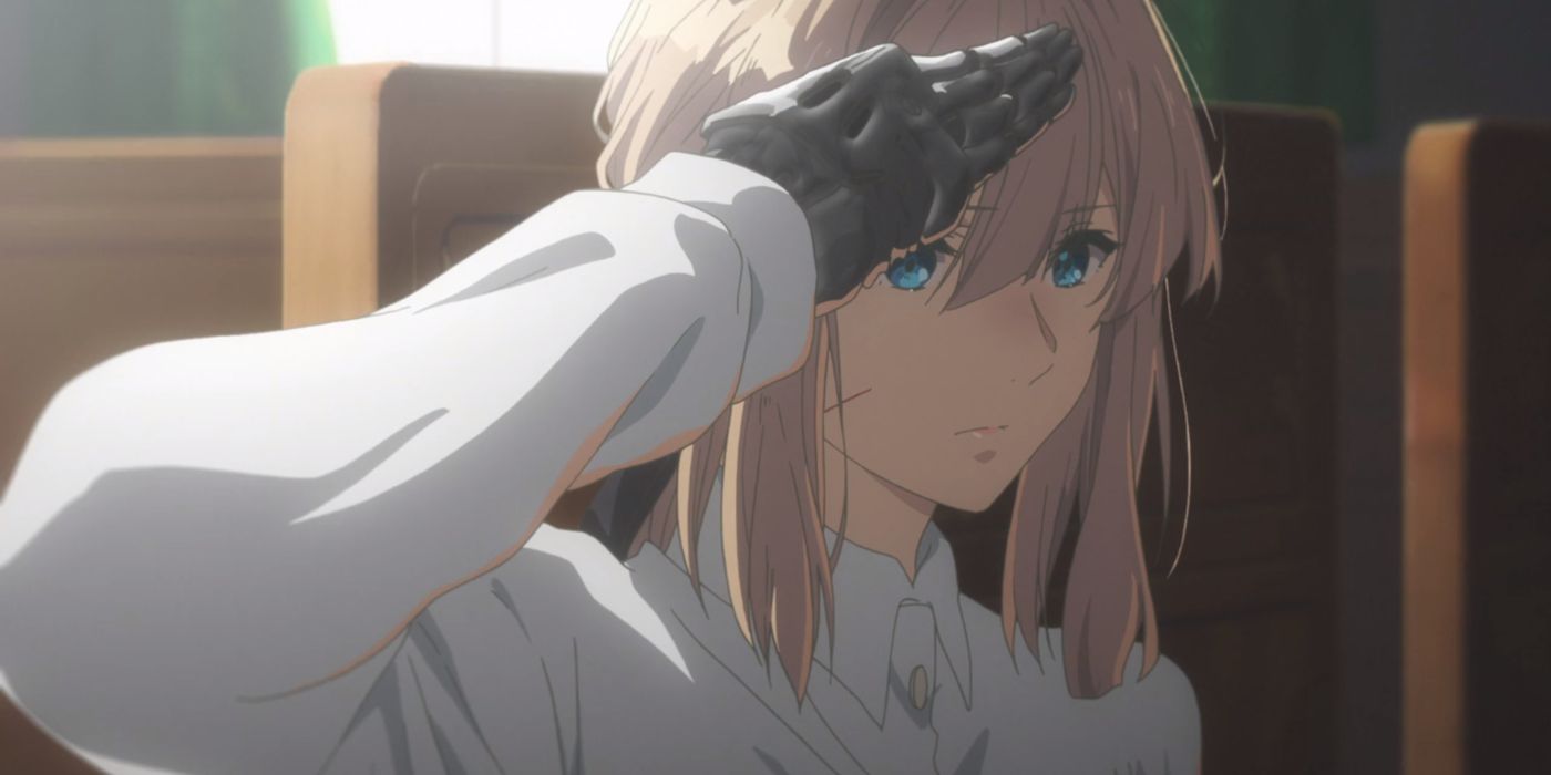 Violet Evergarden screencap of Violet Saluting before heading out to work