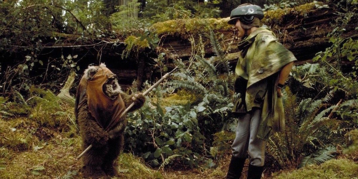 Warwick Davis and Carrie Fisher as Wicket and Leia in Star Wars Episode VI Return of the Jedi