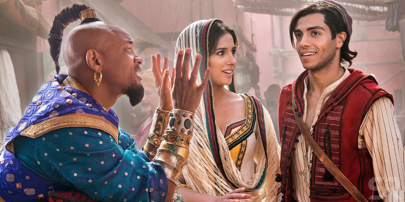 Will Smith as Genie, Mena Massoud as Aladdin and Naomi Scott as Princess Jasmine