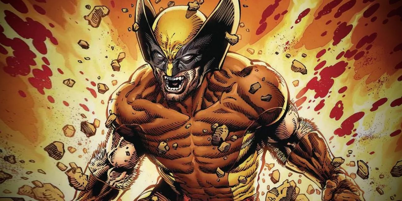 Wolverine roaring while rocks fly around him in Marvel comics.