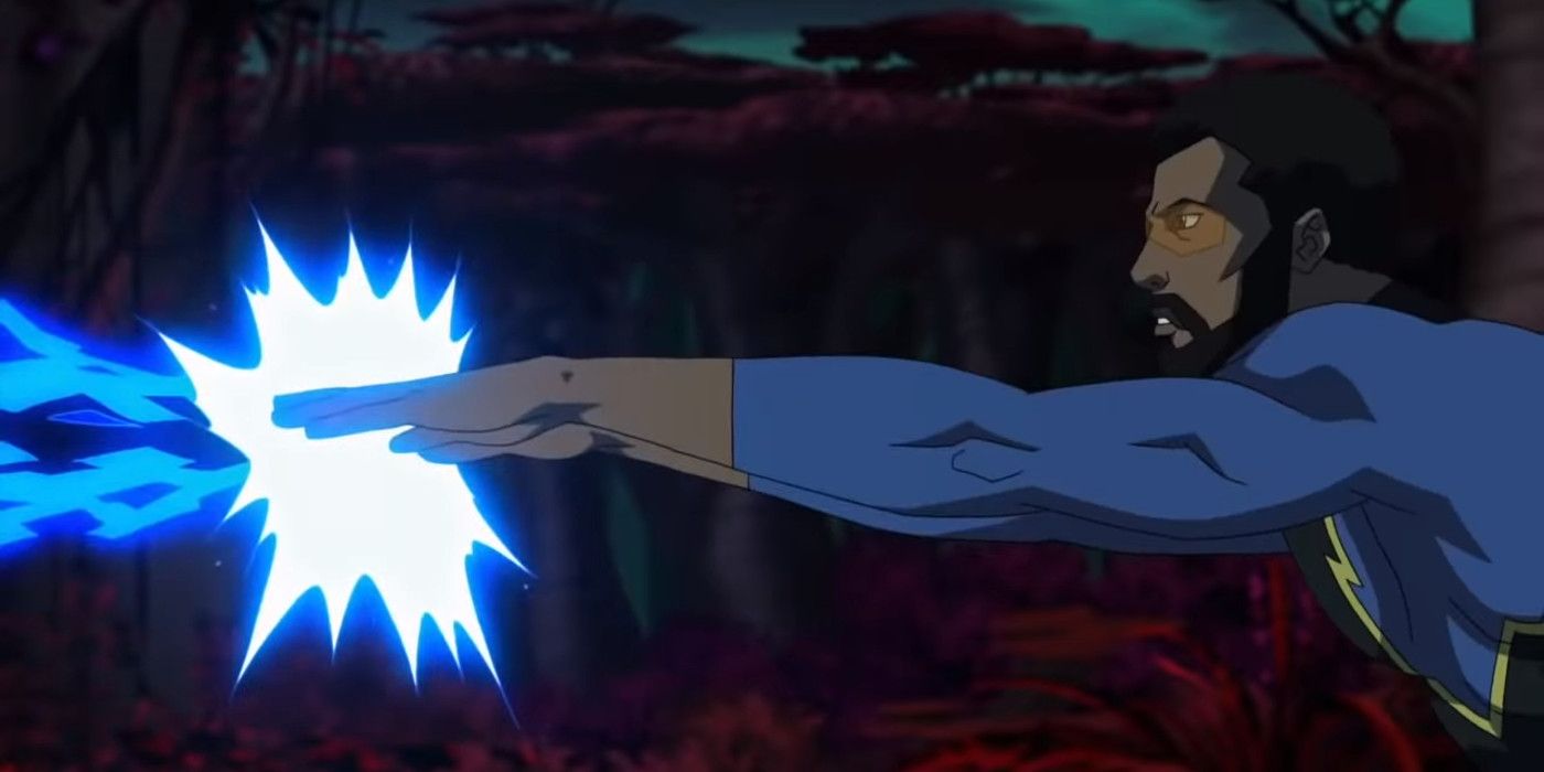 Black Lightning shooting lightning out of his hands in Young Justice