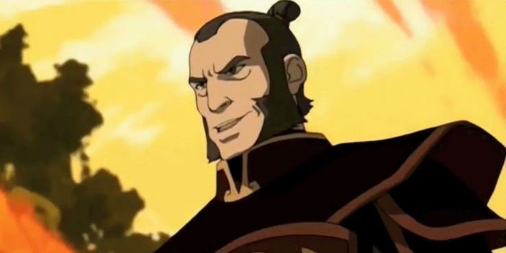 Admiral Zhao against an orange sky in The Last Airbender