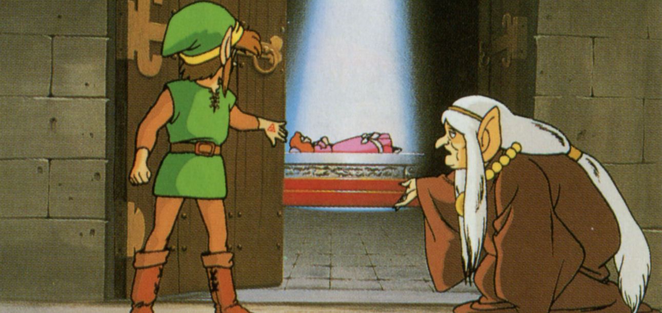 Artwork from the manual for Zelda 2: The Adventure of Link, with Impa and Link on either side of a door, looking in at a slumbering Princess Zelda.