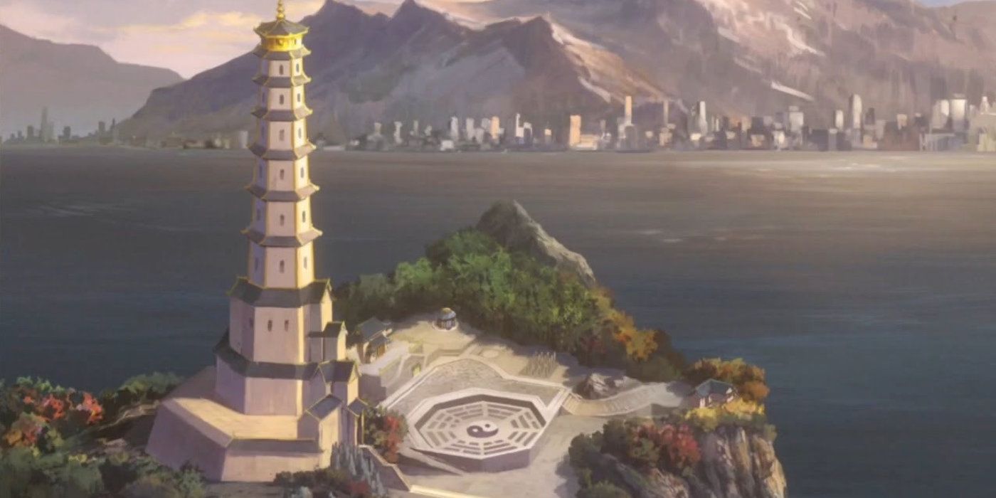 Uma torre com vista para a água da Ilha Air Temple em The Legend of Korra