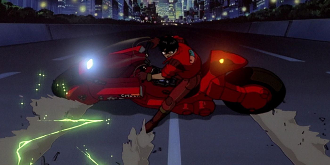 Shotaro Kaneda's bike giving off green electricity after a particularly sophisticated maneuver in Akira